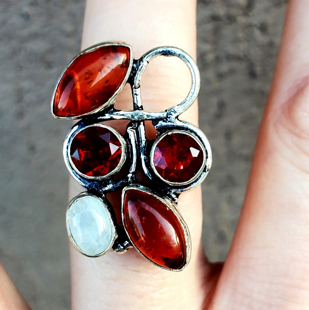 New Amber, Garnet & Rainbow Moonstone 925 Silver Ring. - Picture 3 of 16